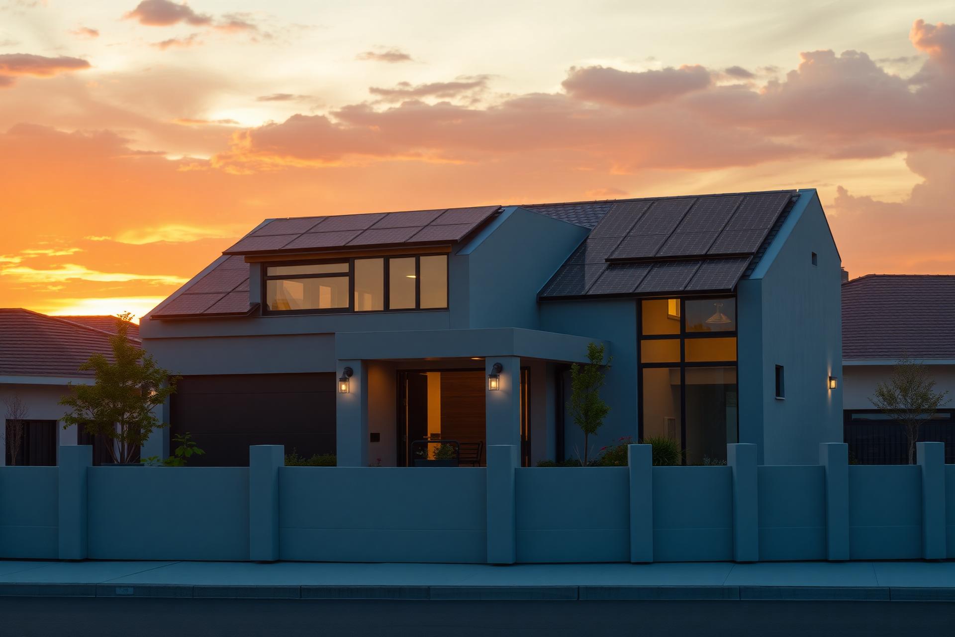 Casa moderna com painéis solares fotovoltaicos no telhado ao pôr do sol